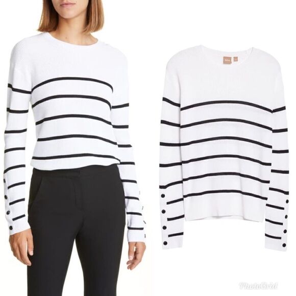 REVOLVE BOSS Fittina Crewneck Striped Ribbed Sweater in Black White - Picture 1 of 6